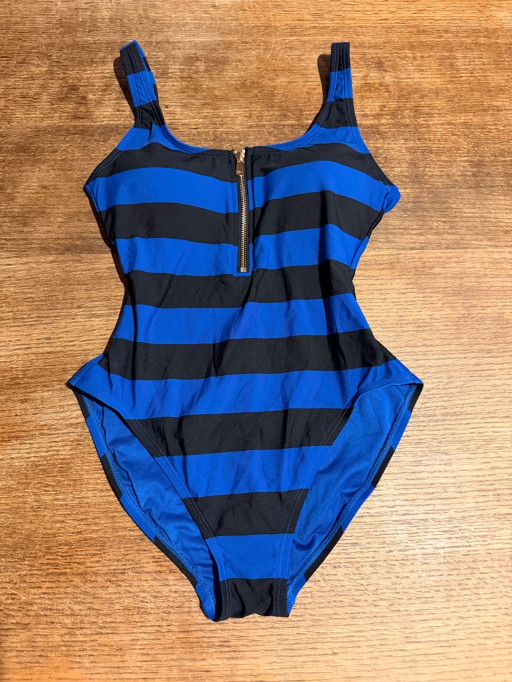 MICHAEL Michael Kors Blue and Black Striped One-Piece Swimsuit with Front Zip